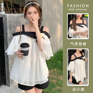 孕妇套装夏装时尚漏肩雪纺娃娃衫上衣夏季洋气孕妇T短裤子女两件