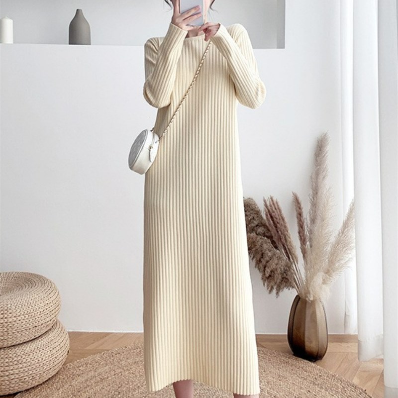 优质包芯纱直筒毛衣洋装女秋冬款厚韩版宽松打底过膝针织女长裙