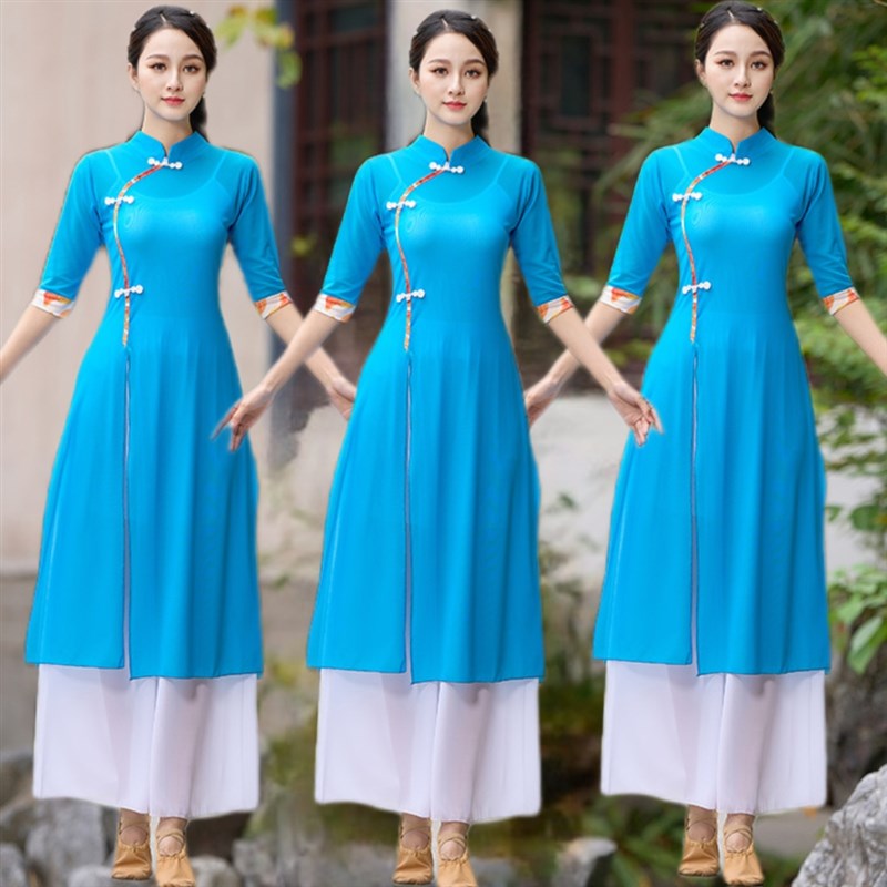 广场舞服装新款套装古典舞民族舞蹈旗袍身韵表演出V练功服三件套