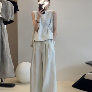 韩系温柔风高级感套装女夏季新款无袖气质上衣阔腿裤长裤两件套女