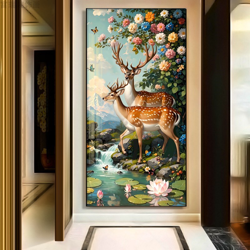 精美鹿玄关装饰画烤瓷油画款w中式欧式带框会所客厅别墅艺术玄关图片