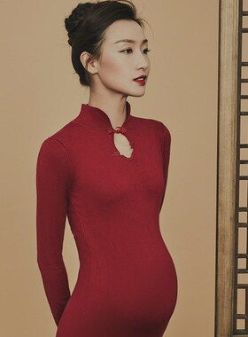 孕妇照服装红色针织修身裙孕x妇摄影拍照写真影楼孕妇照片写真服