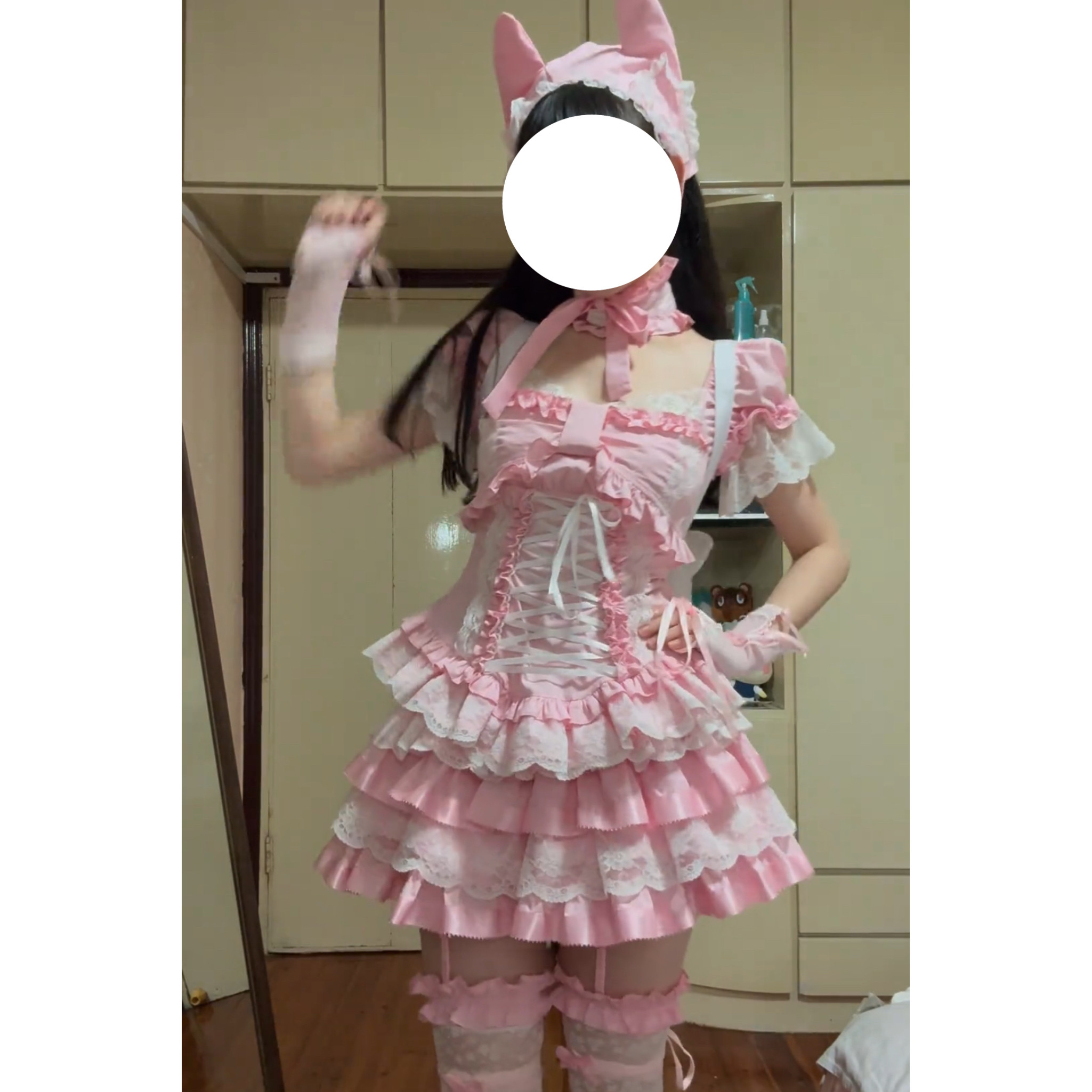 洛丽塔套装可爱粉色猫咪耳朵套装短袖短裙少女心甜美连衣裙