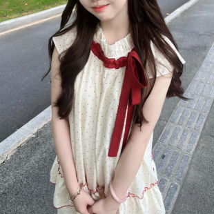 连衣裙女夏季 新款 宽松减龄公主裙学院风甜美可爱蝴蝶结波点小飞袖