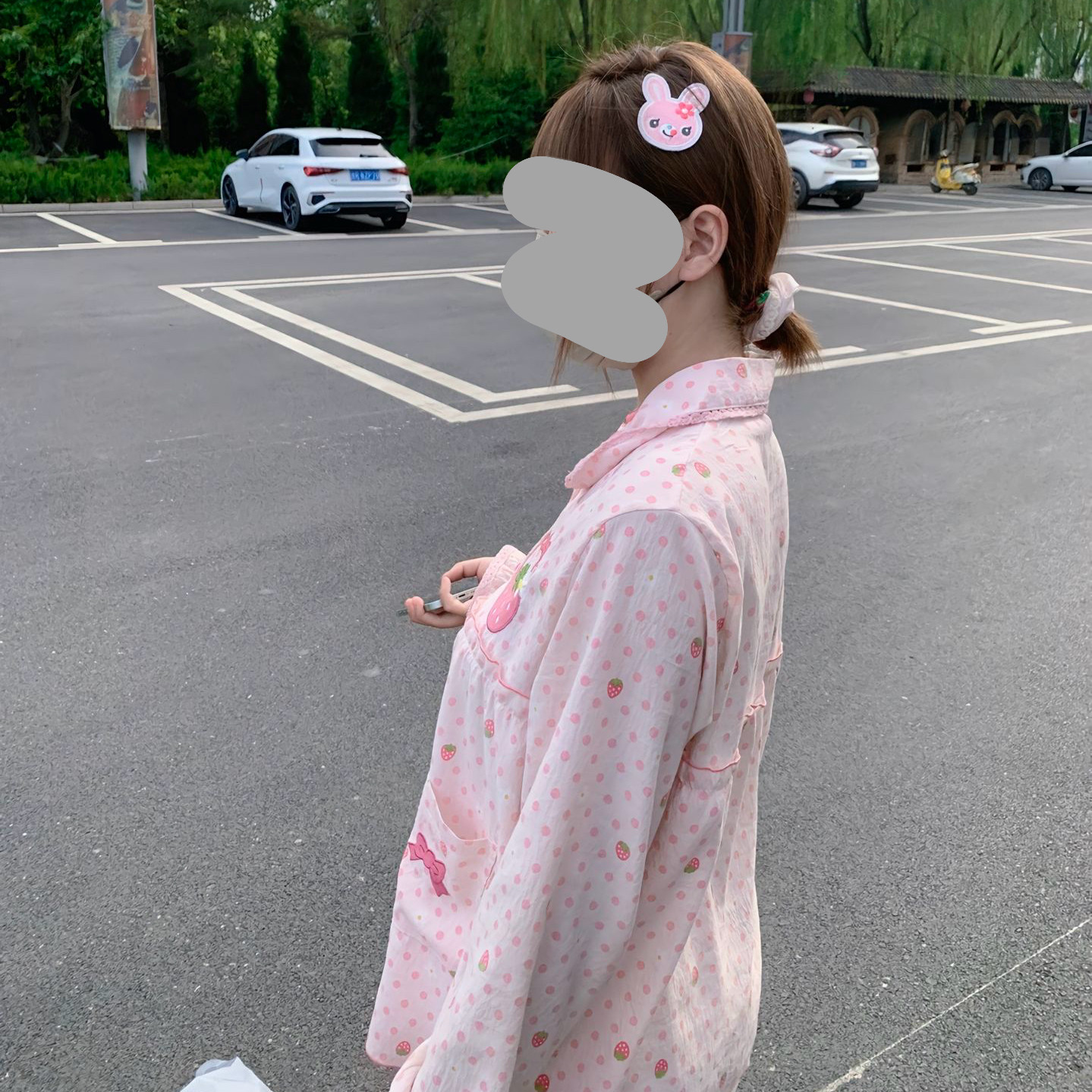 粉色波点可爱草莓娃娃领睡衣女两件套甜美花边长袖长裤家居服
