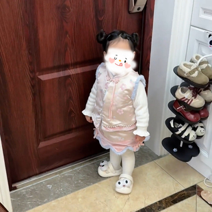 粉色可爱新中式蝴蝶结保暖马甲女甜美半身裙女童套装2026新款儿童