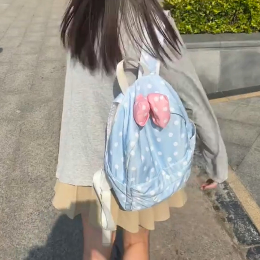 可爱撞色双肩包常规女款白蓝多巴胺蝴蝶结设计可爱印花大容量简约