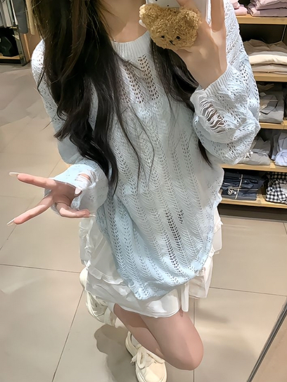 韩系薄款长袖镂空防晒针织衫女夏季慵懒风外搭小个子宽松罩衫上衣
