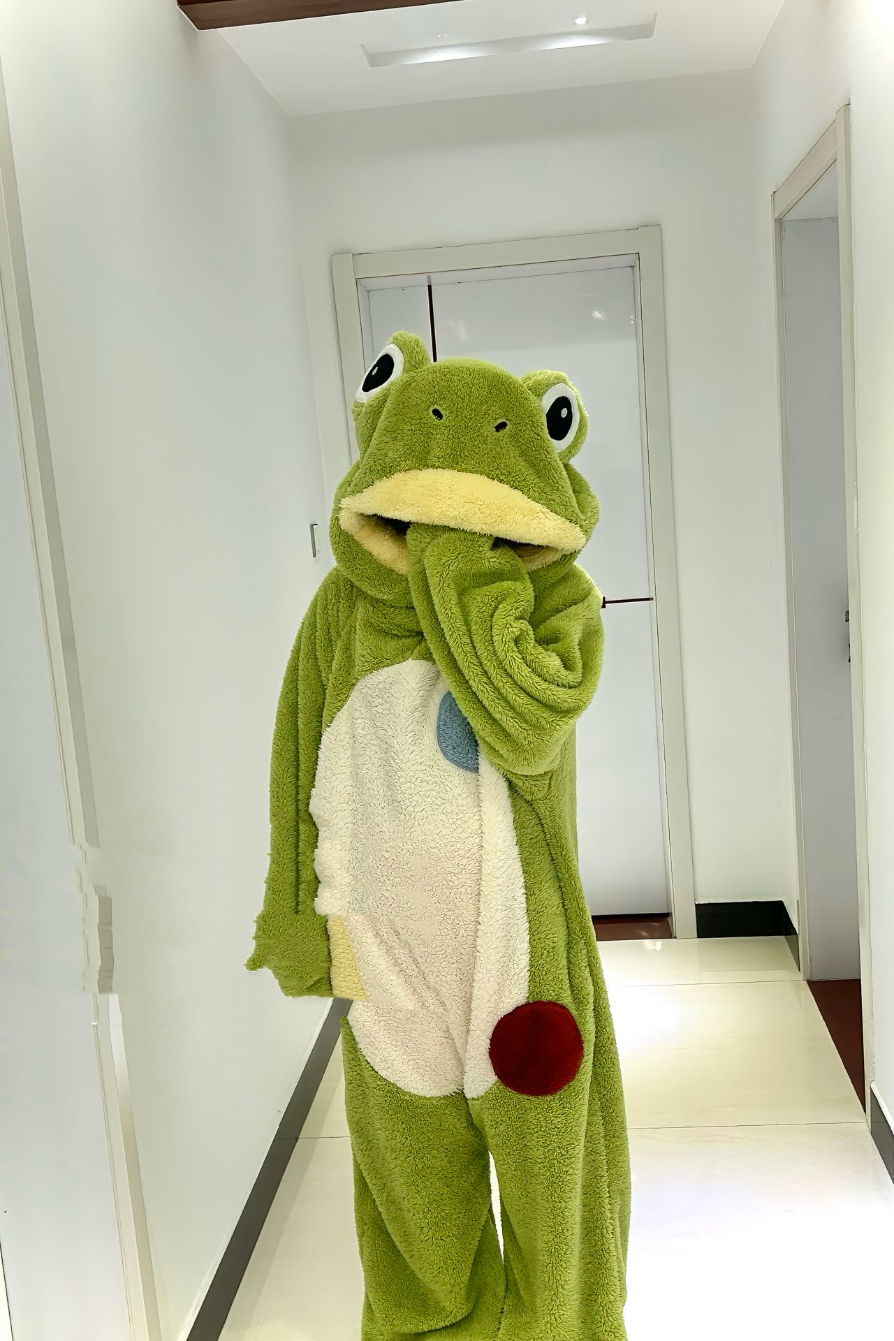 睡衣毛绒绒绿青蛙秋冬季连体衣家居服套装新款绿色可爱网红睡衣