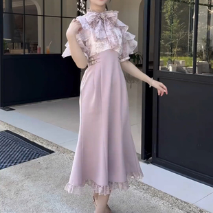 收腰显瘦新款连衣裙日系夏日限定灰紫色印花蝴蝶结荷叶边拼接蕾丝