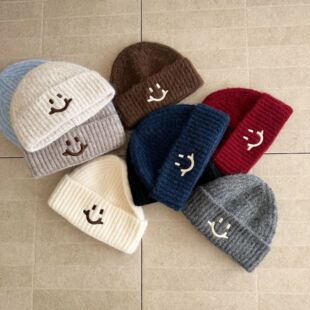 【超多颜色】可爱笑脸针织毛线帽含羊毛冬天百搭保暖护耳包头帽女