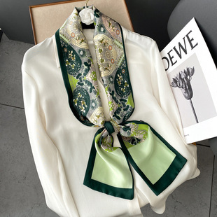 春季百搭绿色丛林仿真丝丝巾女长条领巾绑包包飘带细窄围巾