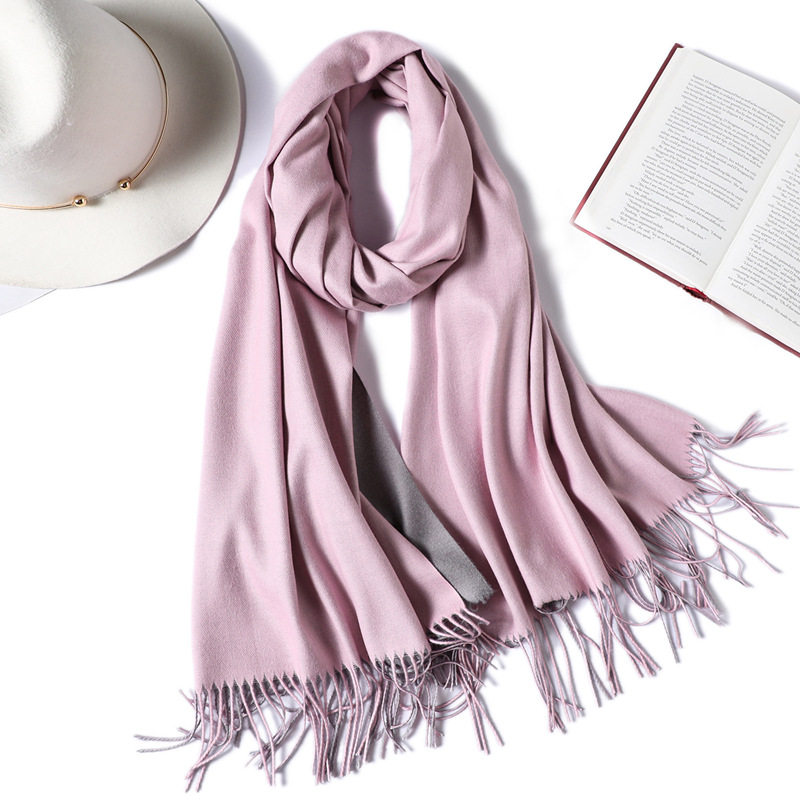 新款双面双色仿羊绒围巾女欧美纯色百搭秋冬保暖大披肩学生围脖