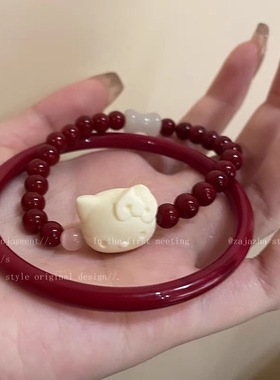 秋上新可爱小猫防朱砂串珠手链女生小众气质中式手串复古百搭网
