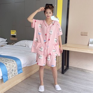 短M裤 V领短袖 开衫 加大码 胖mm休闲家居服套 睡衣女纯棉200斤夏薄款
