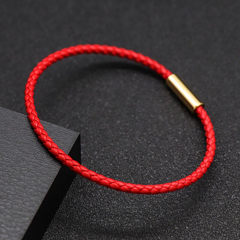 日韩简约红色皮绳编织手链民族风本命年情侣手环可穿珠子定制刻字