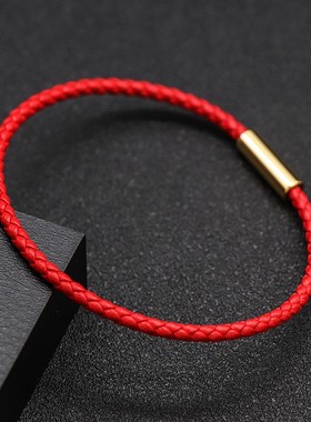 日韩简约红色皮绳编织手链民族风本命年情侣手环可穿珠子定制刻字