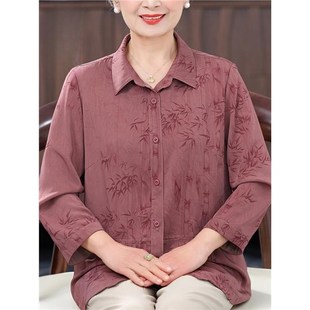 衬衣中老年春秋翻领中长款 气质老太太新款 女x装 春夏装 T恤上衣 开衫