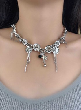 复古纽扣项链女小众设计甜酷锁骨链重工镶钻个性潮流高级感颈链潮
