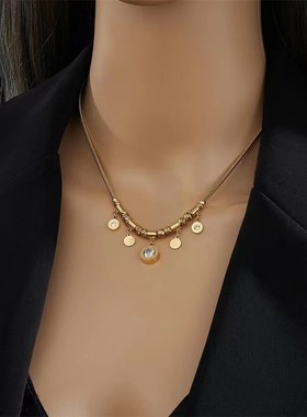 高级感大小双面圆牌项链女锁骨链轻奢流苏吊坠时尚个性饰品百搭