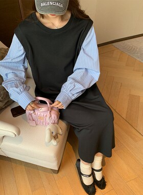 NAZ那子大f码春季新款时尚休闲条纹拼接复古胖mm直筒假两件连衣裙