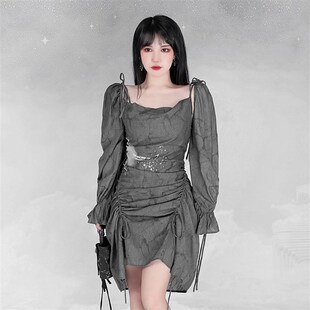 小雨萌酷自制个性不规则袖子y可拆成吊带长袖灰色印花抽绳连衣裙
