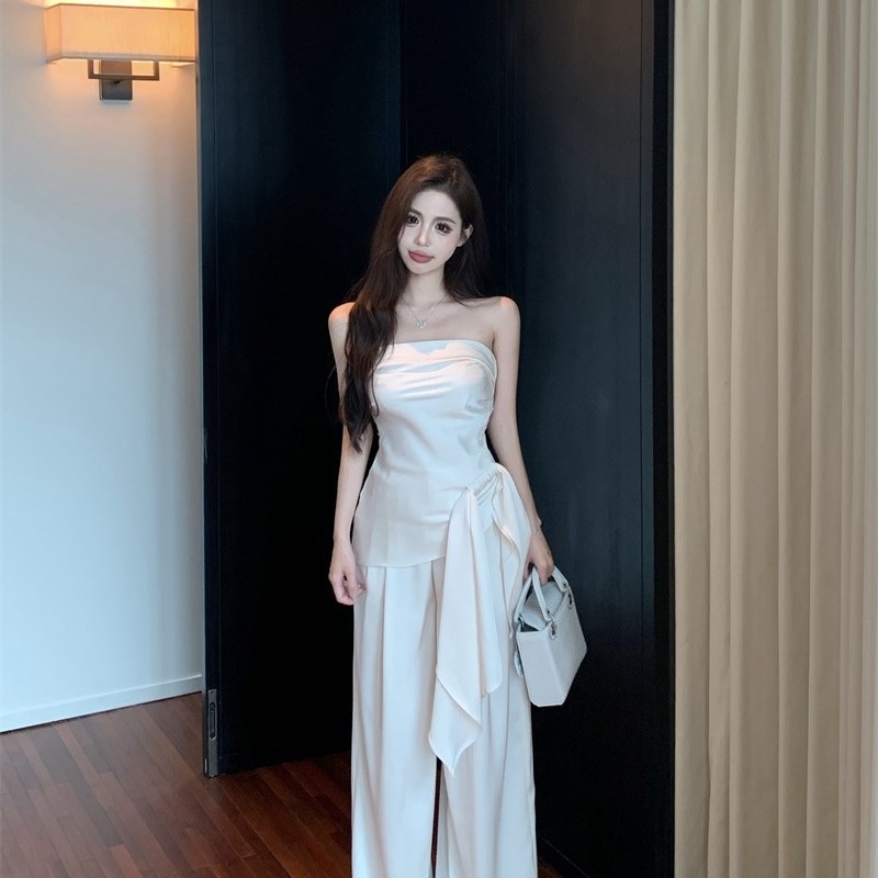 辣妹高级感不规则绑带收腰短款无袖F抹胸背心女高腰显瘦阔腿裤套