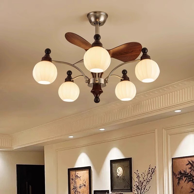 法式复古卧室风扇灯中古风餐厅电扇吸顶灯一体式静音书房美式风扇