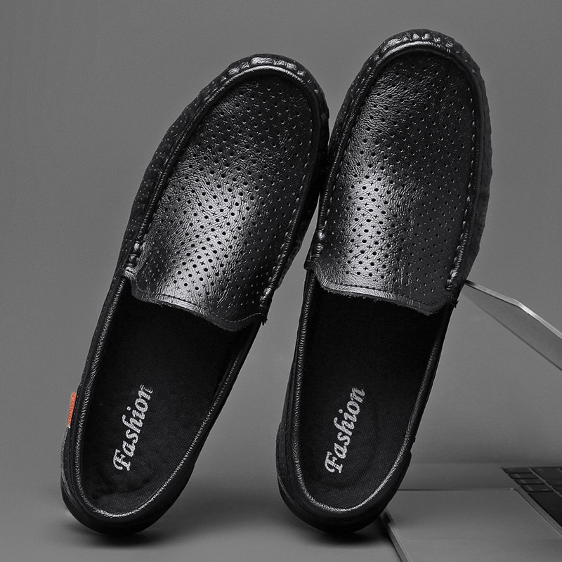 豆豆鞋男士2025夏季新款真皮商务休闲鞋一脚蹬懒人镂空透气凉皮鞋