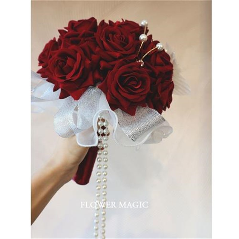 【玫瑰花球手捧花】酒红色珍珠流苏水晶闪喜庆新娘结婚礼摄影道具