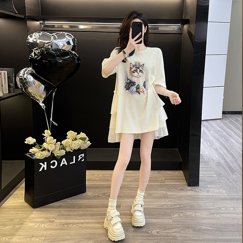 夏季甜美减龄印花网纱拼接连x衣裙女小个子显高显瘦宽松休闲T恤裙