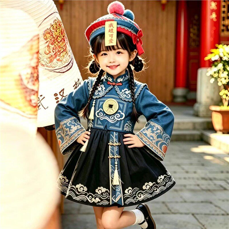 万圣节原创青色刺绣洛丽塔公主裙女童角色扮演小僵尸演出服洛丽塔