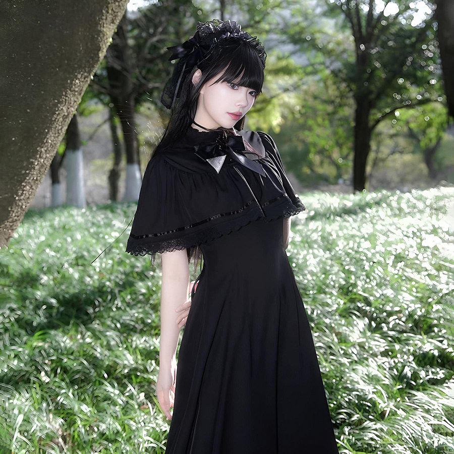 连衣裙女夏洛丽塔a字长裙复古哥特风gothic法式收腰蕾丝斗篷裙子