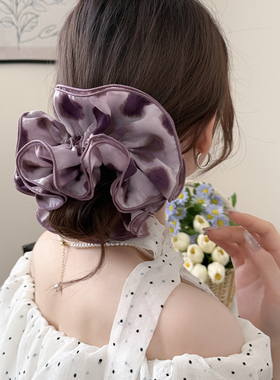 典雅紫色晕染大波点网纱大肠发圈高颜值轻奢简约通勤百搭四角方巾