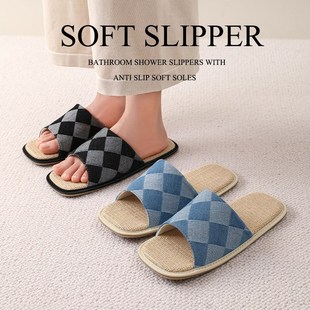 通用透气吸汗男情侣地板 室内居家防滑四季 牛仔布亚麻凉拖鞋 女夏季