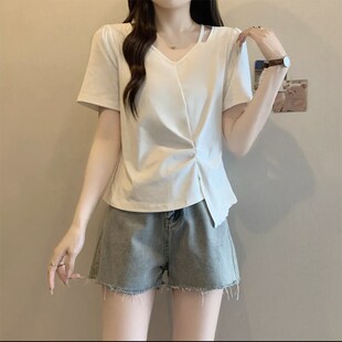 不规则正肩短袖 胖mm大码 T恤设计感镂空V领上衣 新款 2025夏装