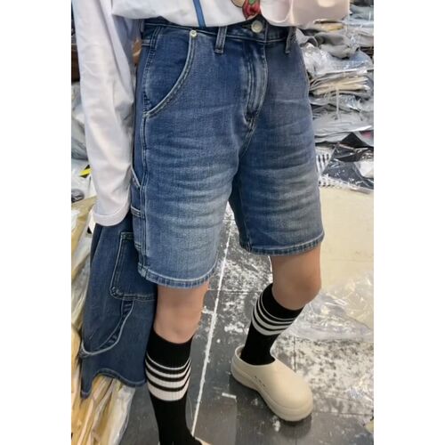 蓝色阔腿牛仔短裤女2024年夏季新款大码梨形高腰宽松显瘦五分裤子