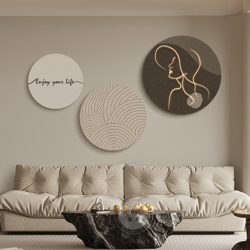 现代简约客厅装饰画抽象砂岩w沙发背景墙壁画圆形北欧人物线条挂图片