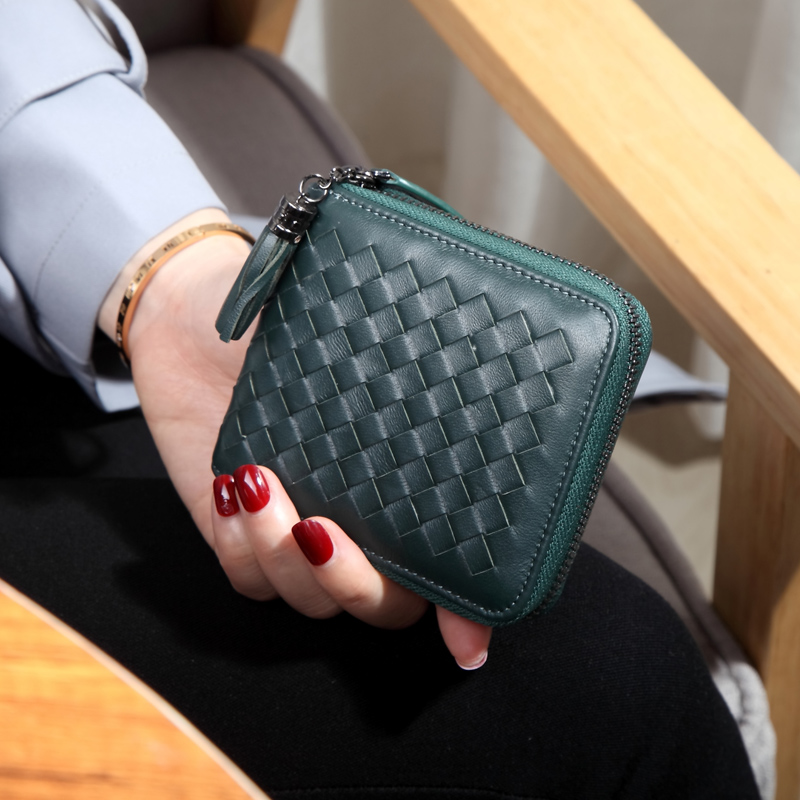 2025新款羊皮小钱夹多卡位大钞夹手工编织真皮短款拉链钱包女百搭