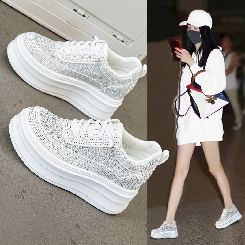 厚底小白鞋女202m5新款夏季水钻网面透气休闲板鞋小个子内增高女