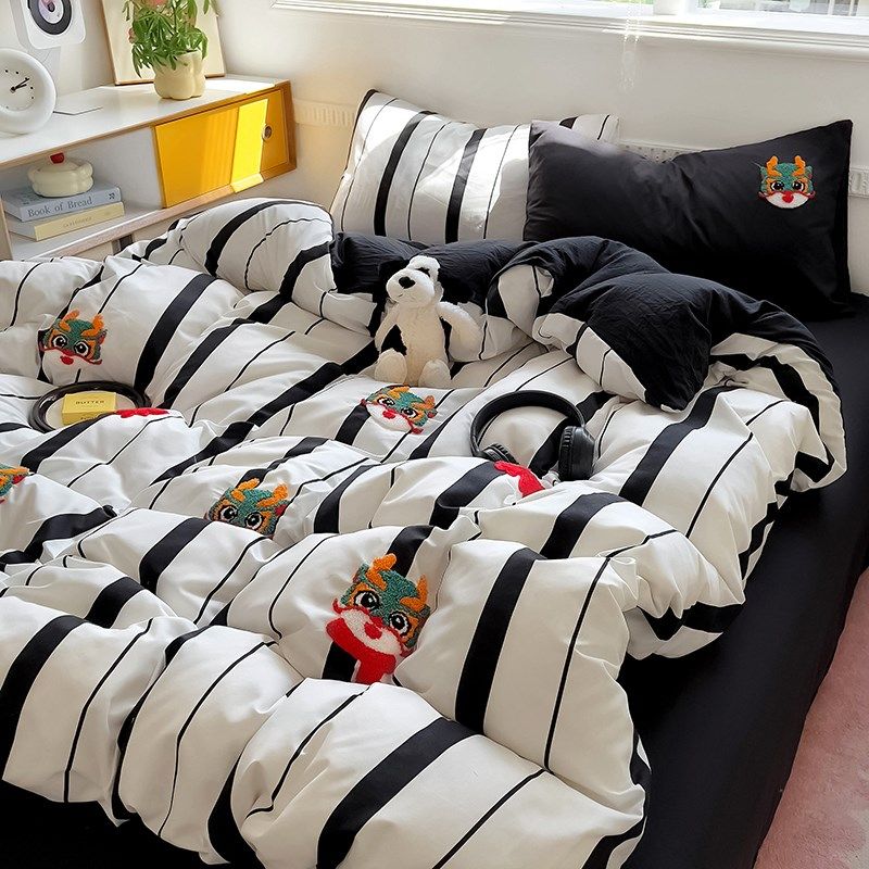 公主风黑白条纹全棉四件套u卡通少女心纯棉刺绣龙年被套床单床笠