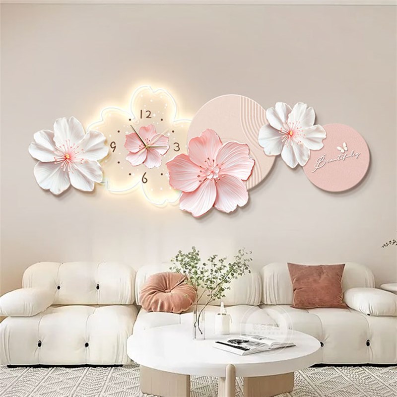 奶油风客厅装饰画带钟表创意花卉沙发背景墙挂画卧室床头发光壁画图片