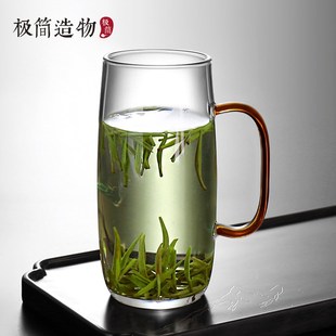 绿茶玻璃杯家用办公室泡茶杯子个人喝水杯创意透明花茶杯带把水杯