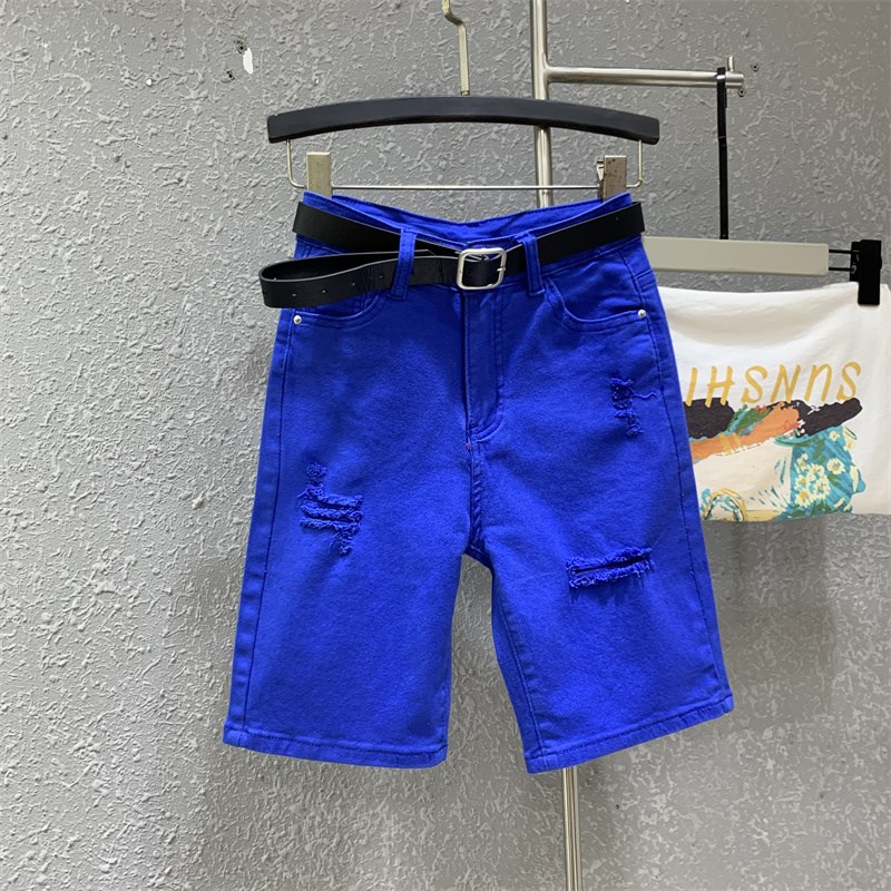 宝蓝色水洗五分牛仔短裤女欧货202E4夏季款高腰弹力修身显瘦直筒