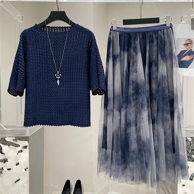 2024春夏褶皱系列纯色上衣宽松显瘦遮肉超大弹力气质半裙套装