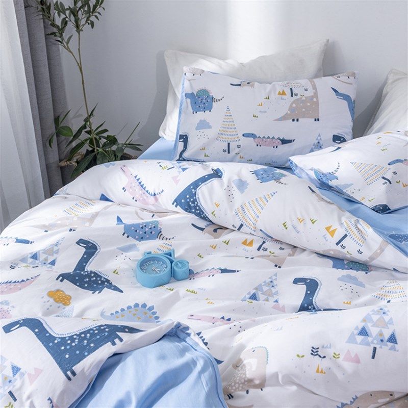 儿童床品三件套纯棉被套四件套全棉床单卡通恐龙蓝色男孩被单