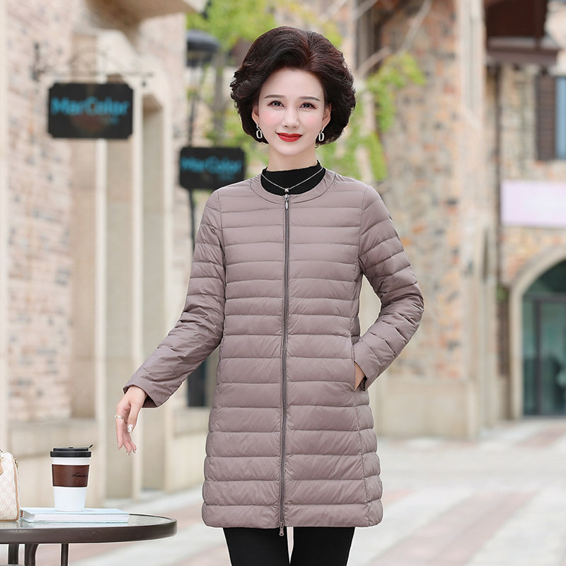 新款秋冬羽绒服女l圆领中长款无领妈妈装时尚轻薄款洋气内胆外套