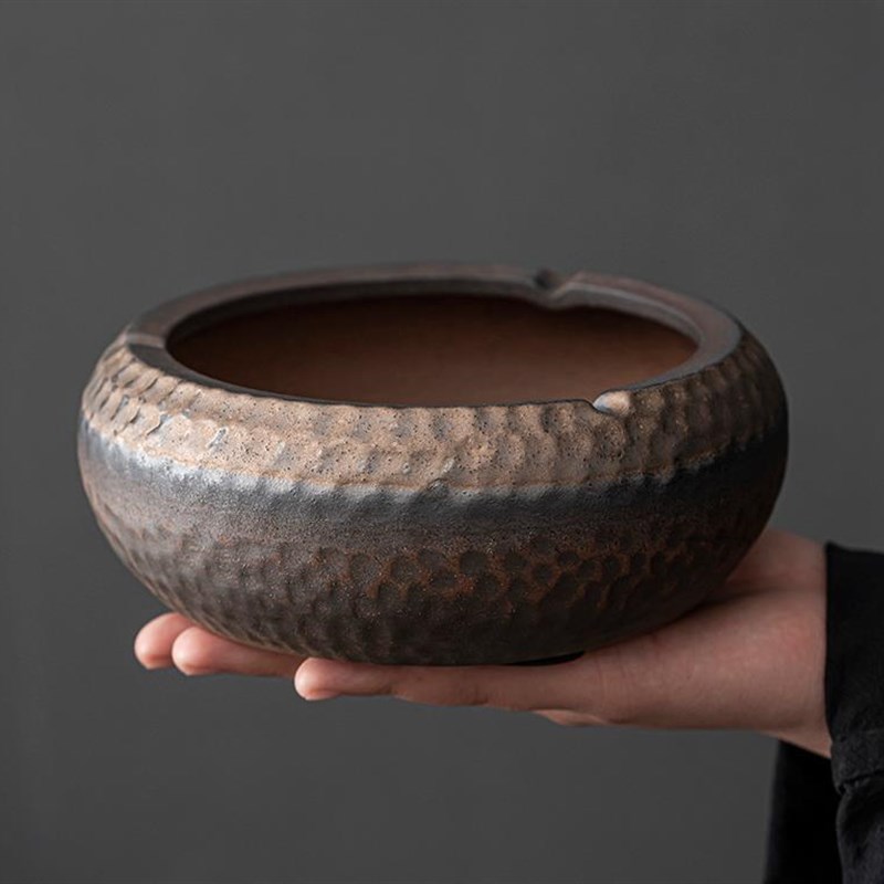 创意粗陶高级烟灰缸大码家用客厅中式复古禅意办公室架烟茶台烟缸