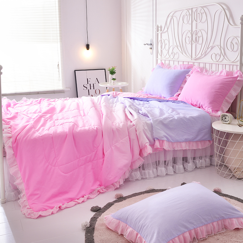 夏凉被少女心糖果渐变水洗棉蕾丝白纱公主风空调被夏被床裙四件套