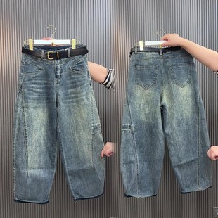 显瘦宽松休闲阔腿老爹九分裤 新款 潮 女春季 欧货复古高腰弯刀牛仔裤